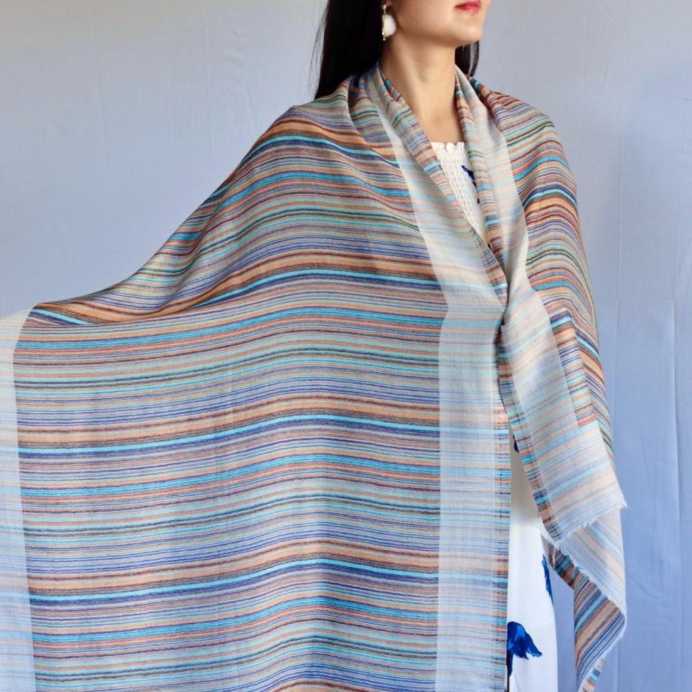 New 100% Cashmere Handmade Doublesided Pashmina 
Multicolor Striped Shawl Scarf